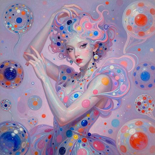 Digital painting of a pale-skinned, curly-haired woman with vibrant, multi-colored bubble-like hair and body, surrounded by floating polka-dotted bubbles