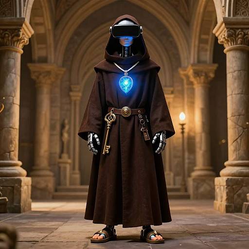 CGI image of a hooded figure in a dark robe with glowing blue eyes and chest, standing in a medieval stone corridor.