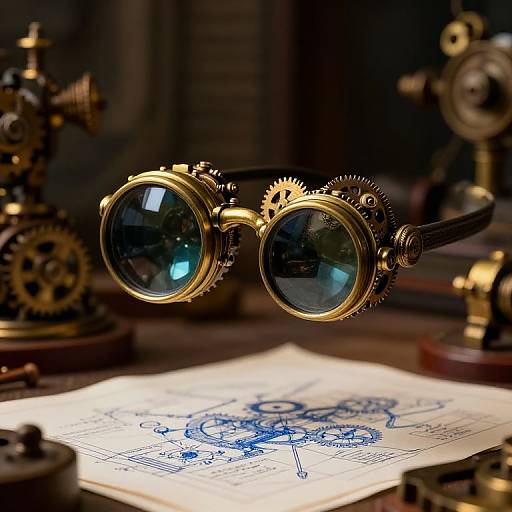 Vintage steampunk goggles with blue lenses, resting on blueprints, surrounded by intricate clockwork mechanisms and gears on a wooden desk. Photographic image