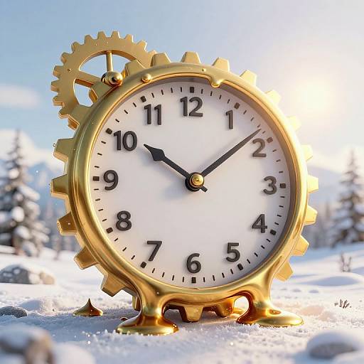 Photorealistic CGI of a golden, gear-shaped clock with black hands and numbers, standing in a snowy, sunlit forest.