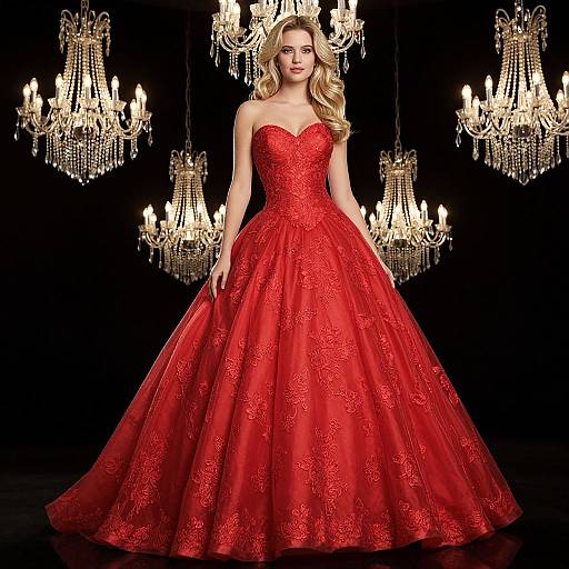 Elegant Blonde Woman in Red Ball Gown