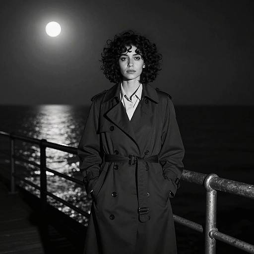 Black-and-white photograph of a curly-haired woman in a trench coat, standing on a moonlit pier, hands in pockets, sea and railing in background