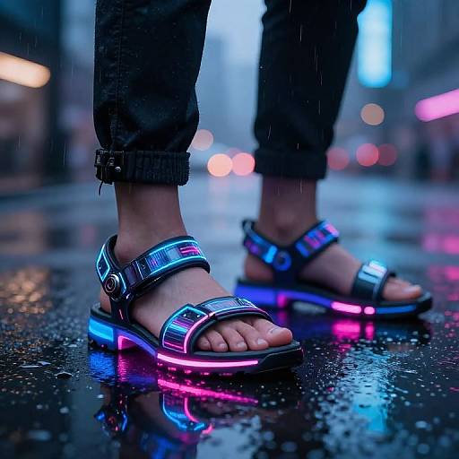 Photograph of neon-lit, glow-in-the-dark sandals on wet, rainy city street, with blurry colorful lights and dark, rolled-up jeans.