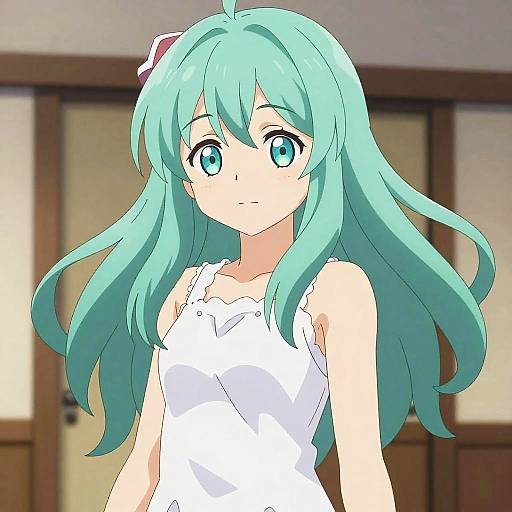 Anime-style digital drawing of a teal-haired girl with large blue eyes, wearing a white sleeveless top, standing in a wooden-paneled room.