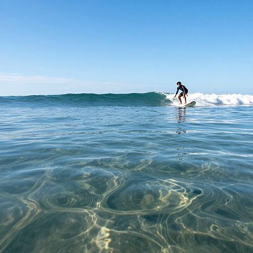Photograph of a solitary surfer, silhouetted against a bright blue sky, riding a small wave in clear, rippling ocean water.