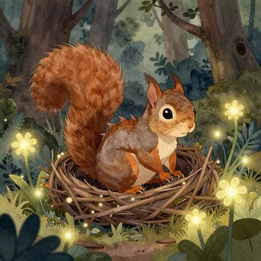 Digital illustration of a cute, fluffy red squirrel with large black eyes, sitting in a nest amidst glowing fireflies, surrounded by lush forest foliage and soft