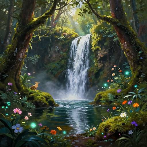 Digital fantasy artwork of a mystical forest with a cascading waterfall, colorful glowing flowers, a deer, and enchanted moss-covered trees.