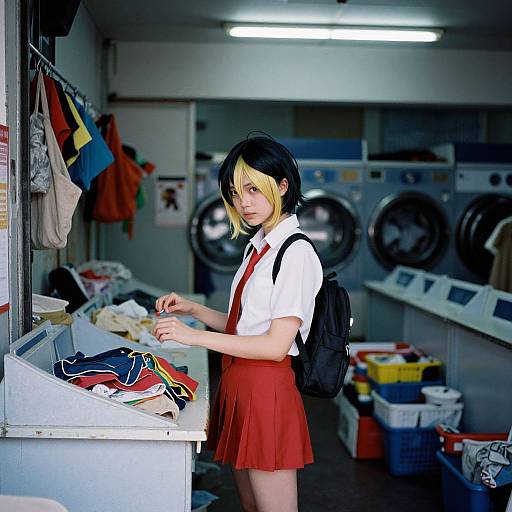 Photograph of an anime-style young woman with black and blonde hair, wearing a white shirt, red skirt, and backpack, in a brightly lit laundry