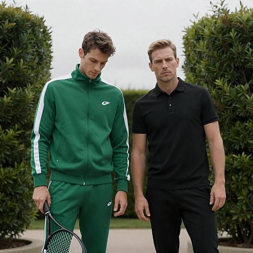 Two Men Standing Outdoors with Tennis Racket