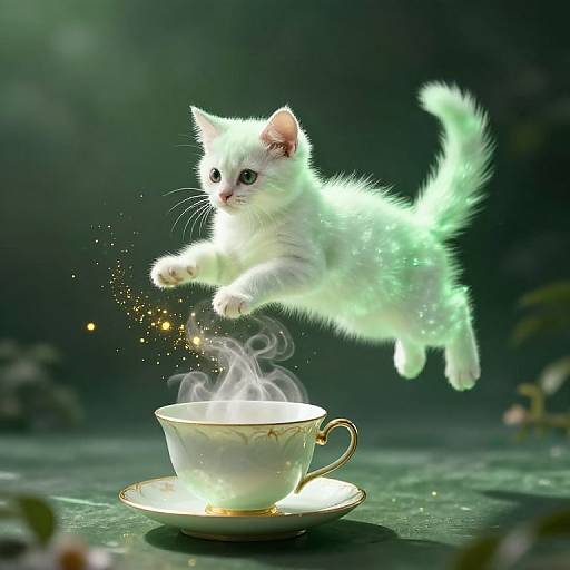 A glowing, ethereal white kitten with sparkling fur jumps over a steaming, enchanted teacup on a dark, mystical background. Digital art.
