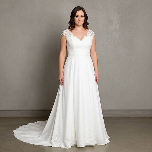 Photograph of a fair-skinned woman with dark wavy hair in a white lace-trimmed, V-neck, ball-gown wedding dress,