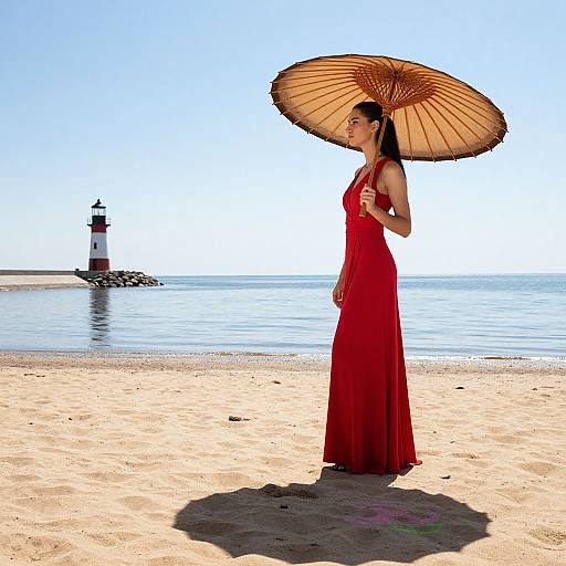 Photograph of a woman in a red dress and brown parasol standing on a sunny beach, with a lighthouse in the background.
