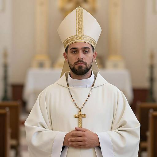 Photograph of a bearded, dark-haired Catholic priest in white vestments and mitre, holding a gold cross, standing in a blurred church interior