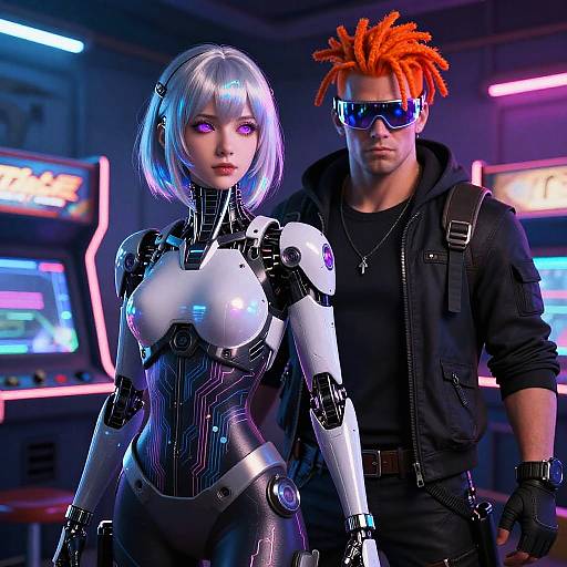 Cyberpunk Android and Hacker in Neon Arcade
