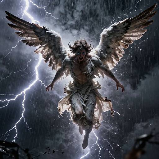 Digital artwork of a muscular, winged angel with wild hair and glowing blue eyes, flying against a stormy sky with bright lightning.