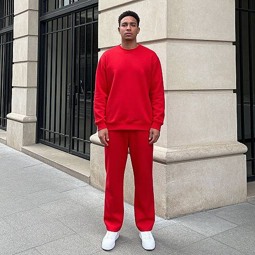Man in Red Flag Outfit on Sidewalk