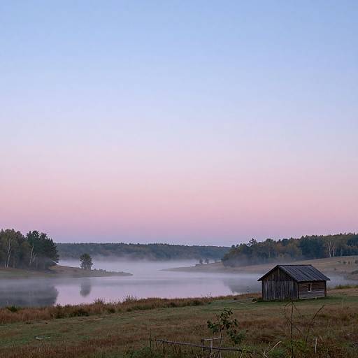 Photograph of a serene dawn landscape with a mist-covered lake, a small wooden shack in the foreground, and a gradient sky from pink to blue.
