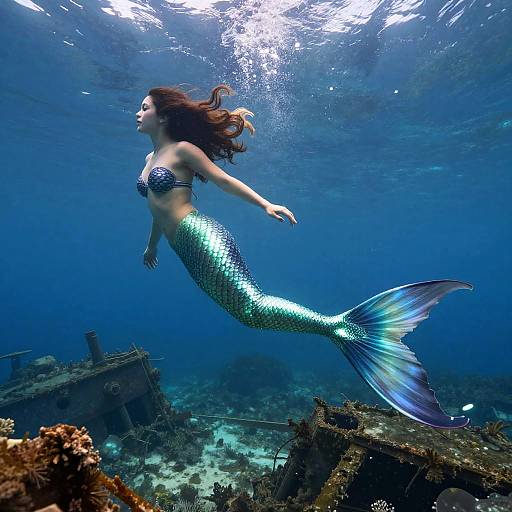 Photograph of a mermaid with a shimmering green and blue scale tail, purple bikini top, and flowing brown hair, swimming underwater near sunken