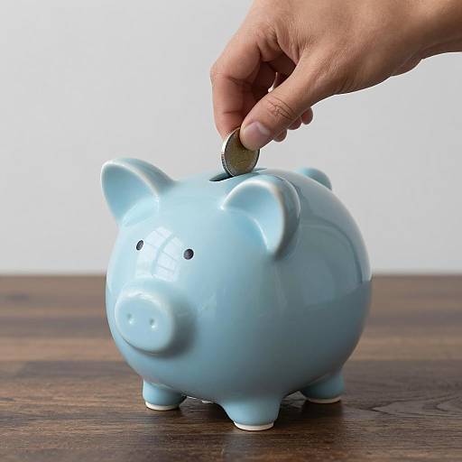 Inserting Coin Into Blue Piggy Bank