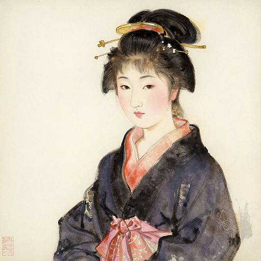 Traditional Japanese watercolor painting of a young woman in a black kimono with a pink obi, black hair styled in an elaborate updo with gold