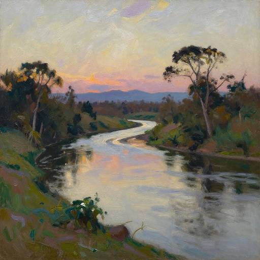 Impressionist painting of a serene river at sunset, reflecting pink and orange sky, with tall trees and greenery on both banks.