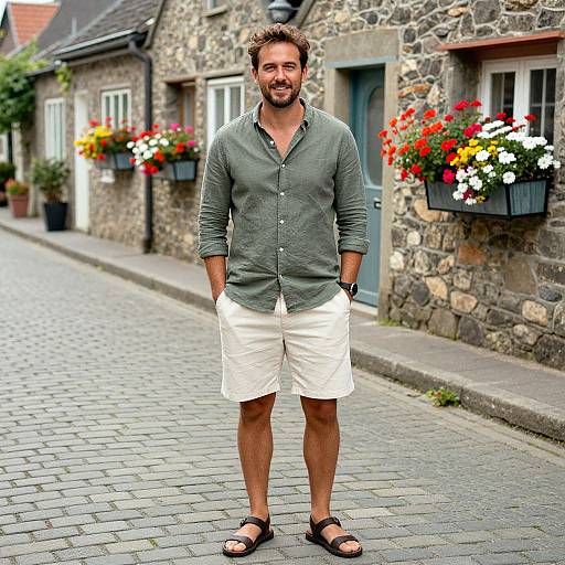 Photograph of a smiling, bearded man with curly brown hair, wearing a green shirt, white shorts, and black sandals, standing on a cob
