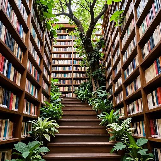 Photograph of a narrow, wooden bookshelf-lined staircase in a lush library, with green plants and a tree overhead, creating a serene, natural ambiance