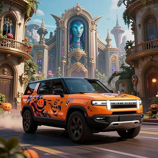 Digital art of a vibrant orange Halloween-themed Ford Explorer driving through a whimsical, fairy-tale-like city with ornate buildings and a blue-faced,