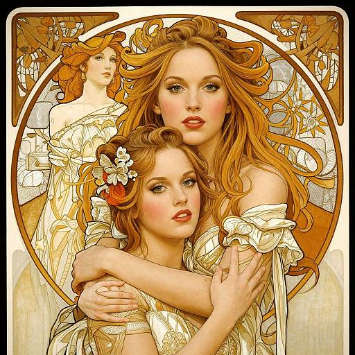 Digital illustration of two redheaded women with flowing hair, in ornate, off-shoulder dresses, hugging tightly; a third woman stands in