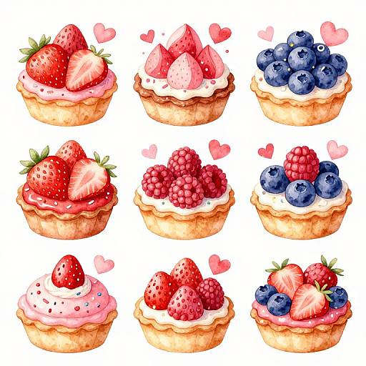 Watercolor illustration of nine cupcakes, each topped with strawberries, blueberries, raspberries, or mixed fruits, with pink hearts scattered.