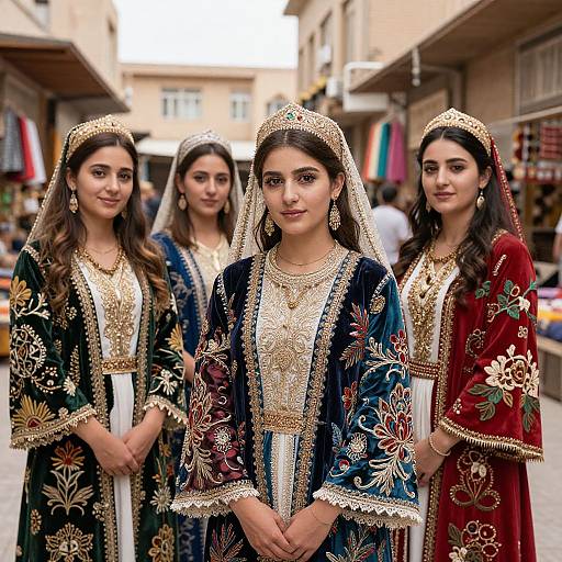 Photograph of four South Asian women in traditional embroidered salwar kameez, gold headpieces, and intricate jewelry, standing in a bustling urban street