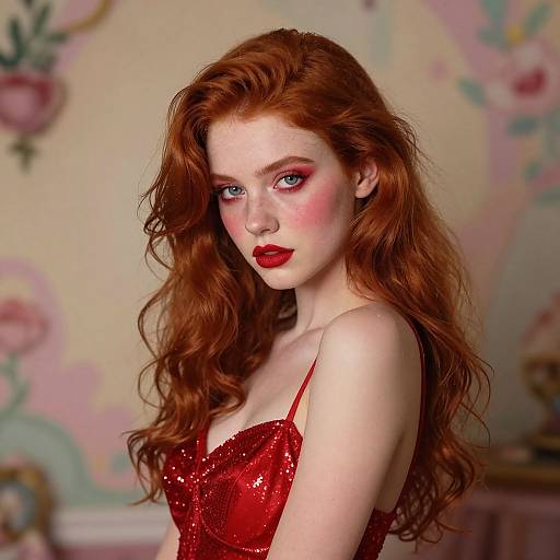Digital painting of a fair-skinned, red-haired woman with striking blue eyes, wearing a shimmering red dress, set against a pastel floral background
