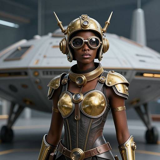 CGI image of a dark-skinned woman in golden sci-fi armor with goggles, horned helmet, and spaceship in the background.