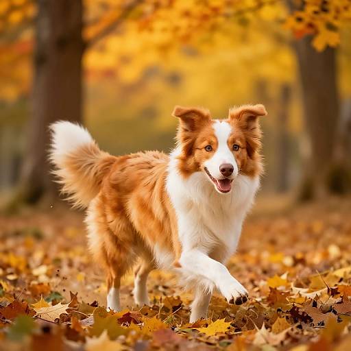 Photograph of a fluffy, brown and white Border Collie running joyfully through a golden autumn forest, surrounded by fallen leaves.