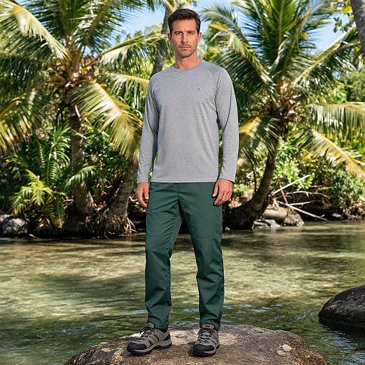 Photograph of a fit, bearded man in a gray long-sleeve shirt and dark green pants, standing on a rock in a tropical forest