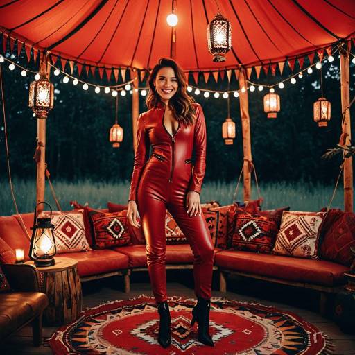 Confident Woman in Red Leather Catsuit in Bohemian Tent