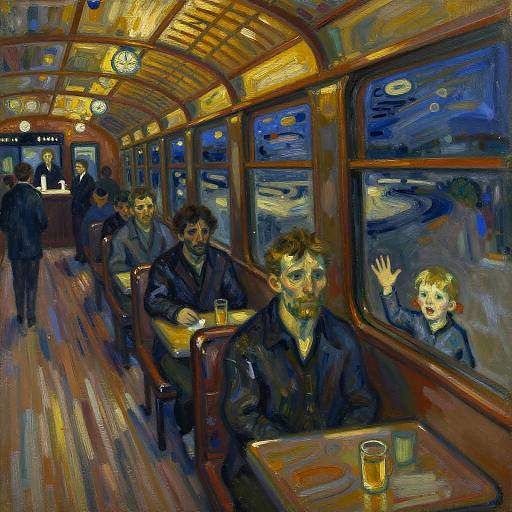 Expressive oil painting of a dimly lit train café at night, with patrons in dark clothes, one child waving out the window. Warm yellow lights