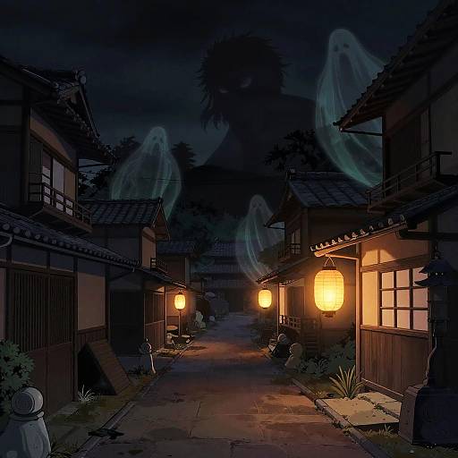Nighttime anime scene of a traditional Japanese alley with glowing lanterns, shadowy ghostly figures, and a small ghost-like character in the foreground.