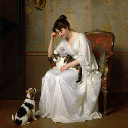 Classical Woman with Cat and Puppies