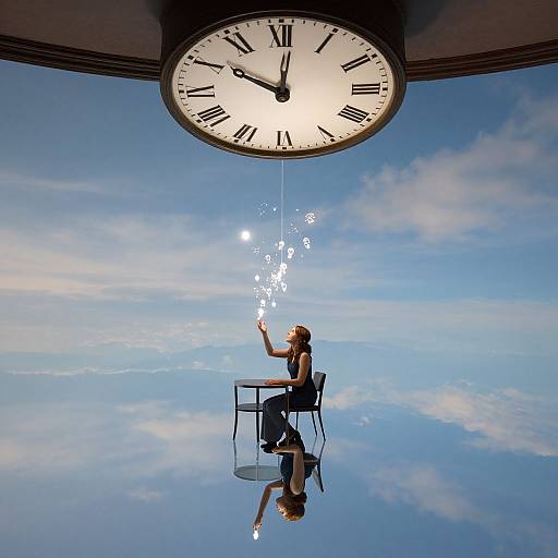 Photograph of a woman with brown hair and black dress, sitting on a chair, reaching for sparkling clock hands against a reflective blue sky background.