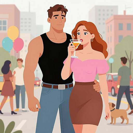 Couple in City with Cocktail and Dog