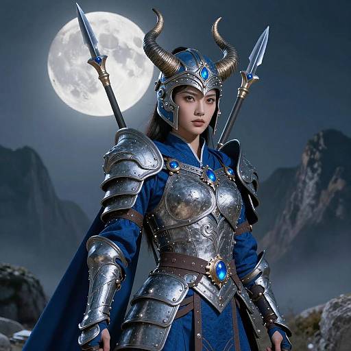 Fierce Woman Warrior in Moonlit Landscape
