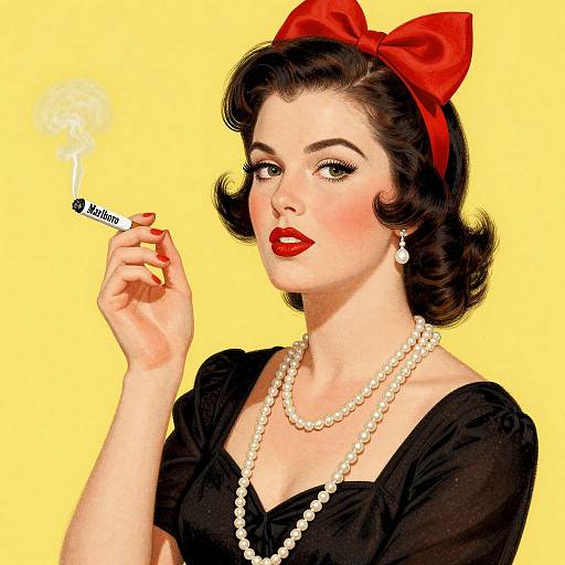Vintage-style digital illustration of a fair-skinned woman with red lipstick, black wavy hair, red bow, pearl necklace, black dress, smoking a