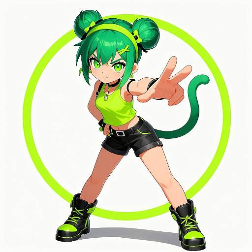 Digital anime-style drawing of a green-haired, green-eyed, cat-eared girl in a neon green top and black shorts, extending a finger, with