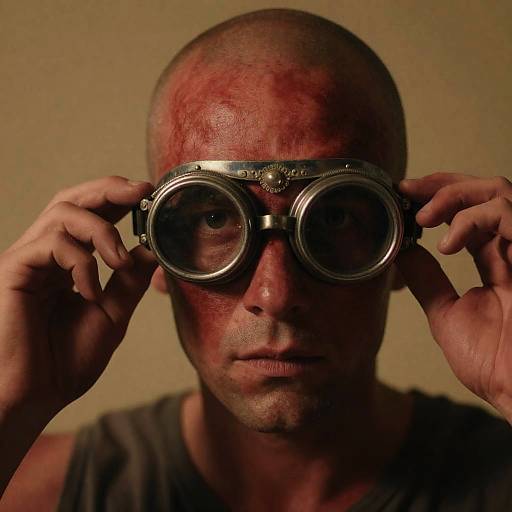 Intense Bald Man in Metallic Goggles