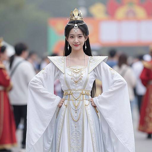 Photograph of an East Asian woman in a white, ornately embroidered traditional dress with gold trim, standing confidently in a blurred outdoor festival setting with colorful