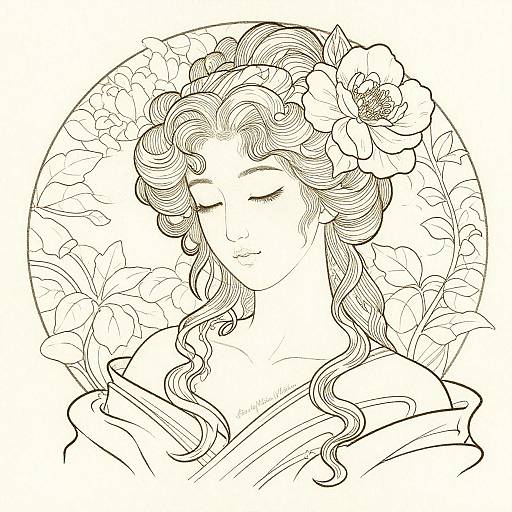 Black and white line drawing of a serene, wavy-haired woman with a flower in her hair, wearing a draped top, set against a circular floral