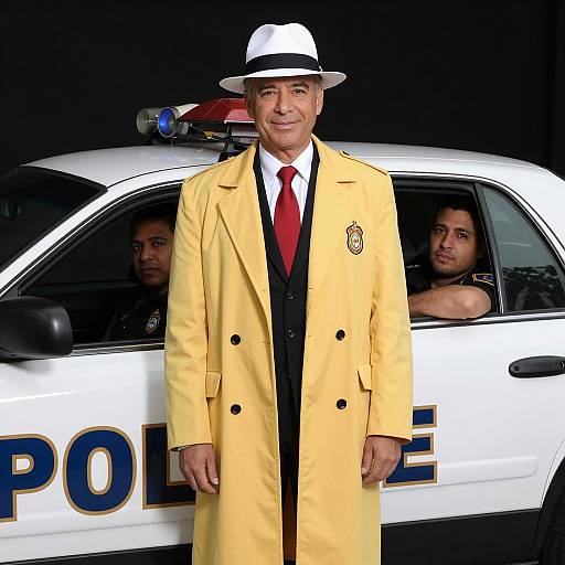 Man in Yellow Coat Standing by Police Car