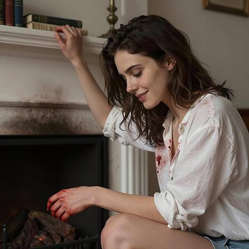 Mysterious Woman Crouching by Fireplace