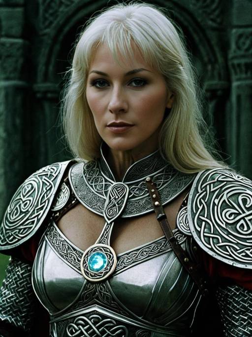 Woman in Ornate Celtic Armor with Glowing Rune